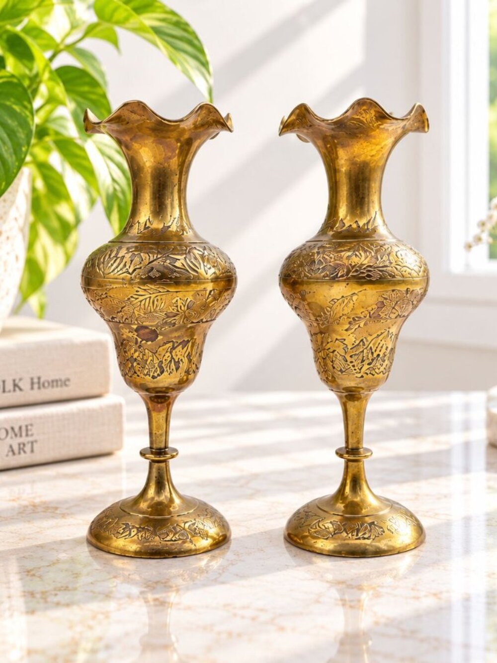 Pair of Vintage Brass Etched Floral Vases With Fluted Rims - 8.5" Tall Decorativ